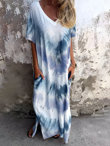 Size Pocketed Tie-Dye Short Sleeve Dress DJPT